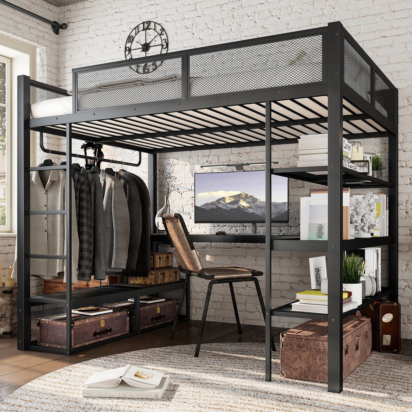 Queen Size Loft Bed with Storage Shelves, Metal Loft Bed with Clothes Hanging Rod and Desk, No Box Spring Needed Design, Black image 1
