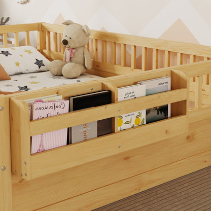 Full Montessori Floor Bed Frame with High Rails, Wood Kids Floor Beds with Light and Storage Shelf, Natural (Expect Arrival Date 2025/8/15) image 5