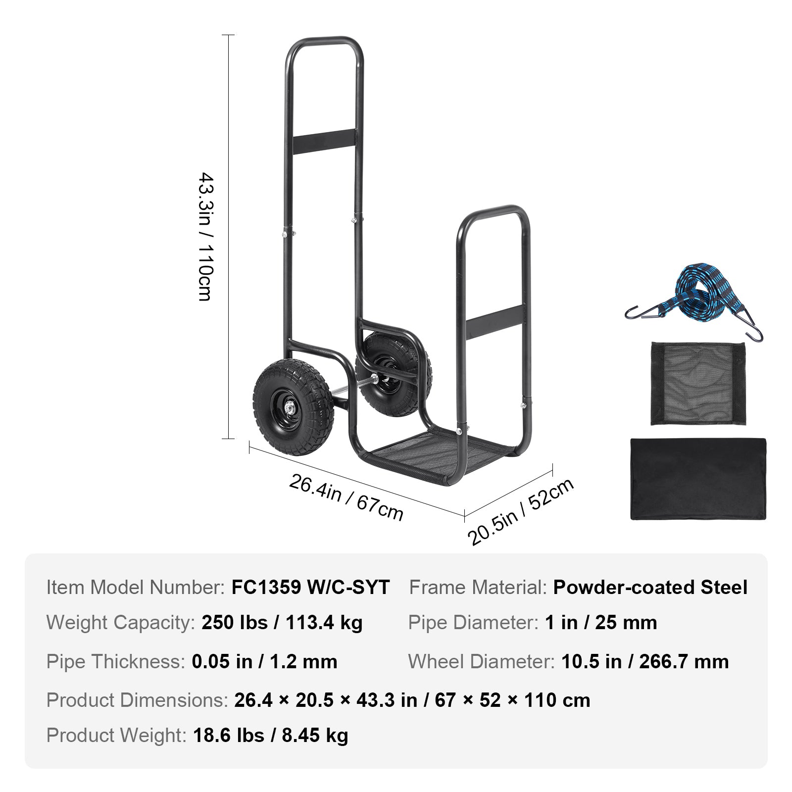 Firewood Log Cart, 250 lbs Capacity, Outdoor and Indoor Wood Rack Storage Mover with PU Wheels & Waterproof Cloth, Heavy Duty Steel Dolly Hauler, Firewood Carrier for Fireplace, Fire Pit, Black image 10
