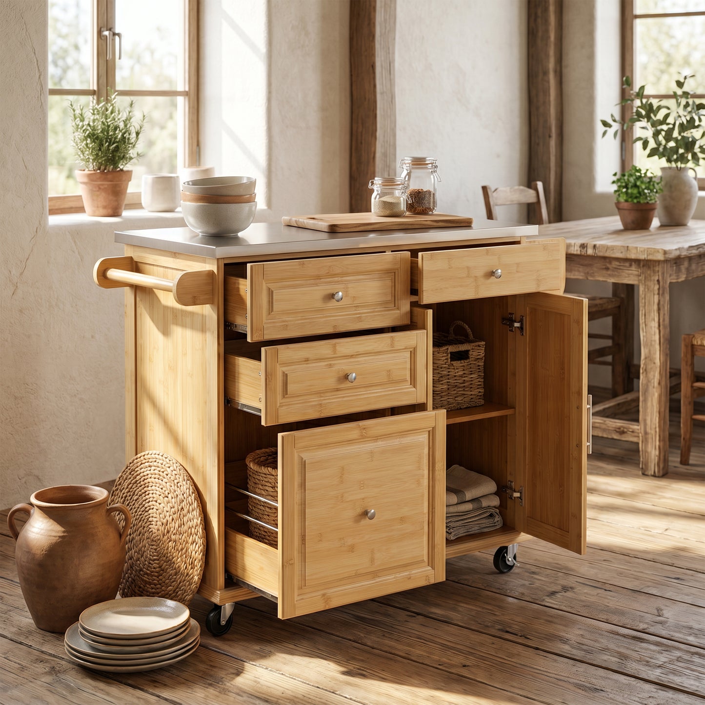 Indoor Bamboo Rolling Kitchen Island with Stainless Steel Top – Mobile Cart with Drawers, Cabinet & Towel Rack for Dining & Bar image 2