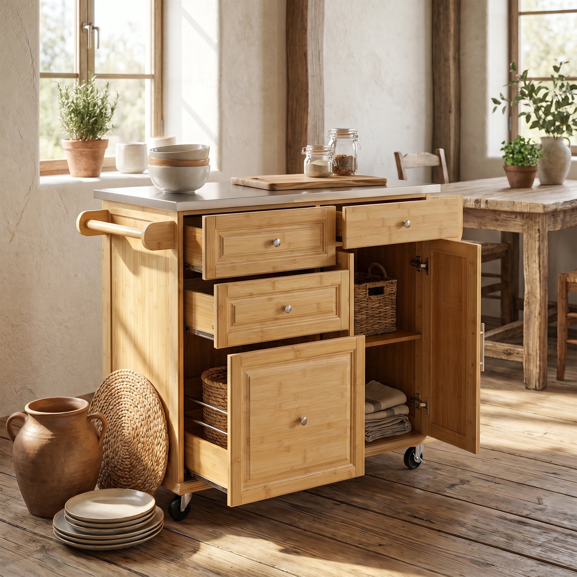 Indoor Bamboo Rolling Kitchen Island with Stainless Steel Top – Mobile Cart with Drawers, Cabinet & Towel Rack for Dining & Bar image 2