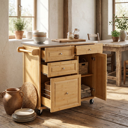 Indoor Bamboo Rolling Kitchen Island with Stainless Steel Top – Mobile Cart with Drawers, Cabinet & Towel Rack for Dining & Bar image 2
