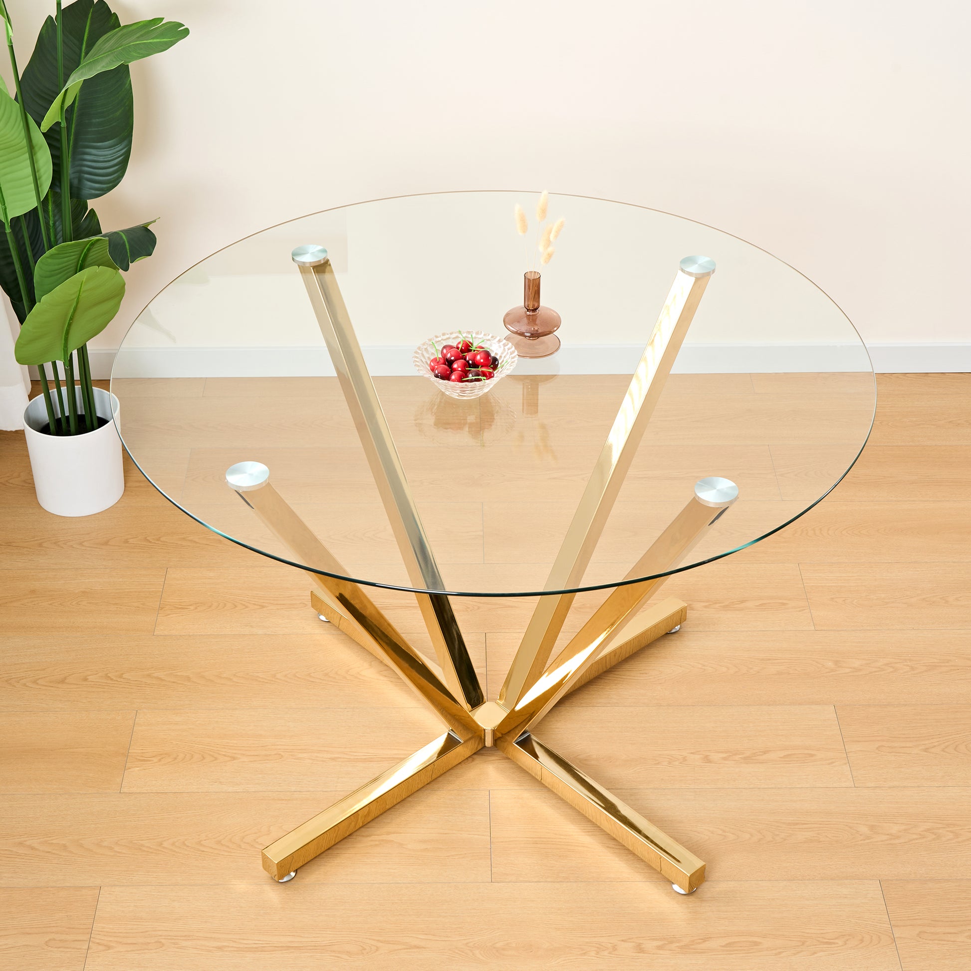 45.27"Round Dining Table,Tempered Glass Kitchen Tabe with Golden Metal Legs,Modern Dining Room Table for for Kitchen,Living Room, Easy Assembly image 2