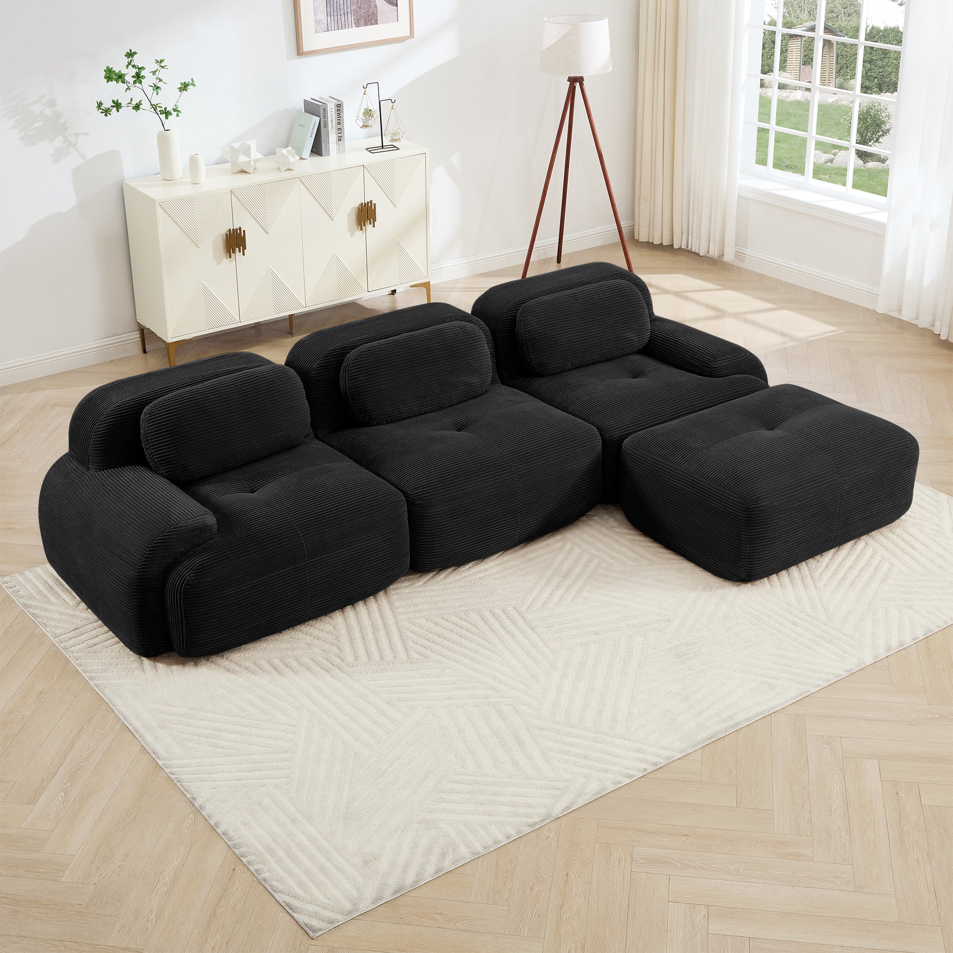 L-shaped modular sofa no assembly ergonomic design pet-friendly luxuryCorduroy Fabric fabric extra-wide curved armrests 32D high-resilience sponge for living rooms bedroom,Black image 1