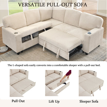 L-Shaped Sectional Sofa Bed with Pull-Out Bed & Storage, 5-Seat Sleeper Couch with USB Charging, Convertible Design for Living Room, Apartment, Corduroy Fabric, Beige image 3