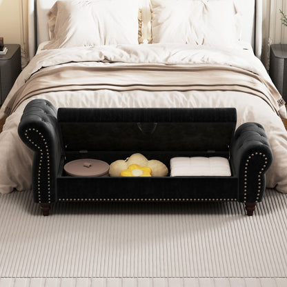 64.5" Bed Bench for Bed Room Nails Tufted Chaise of Lounge with Storage Velvet Upholstery Black image 4