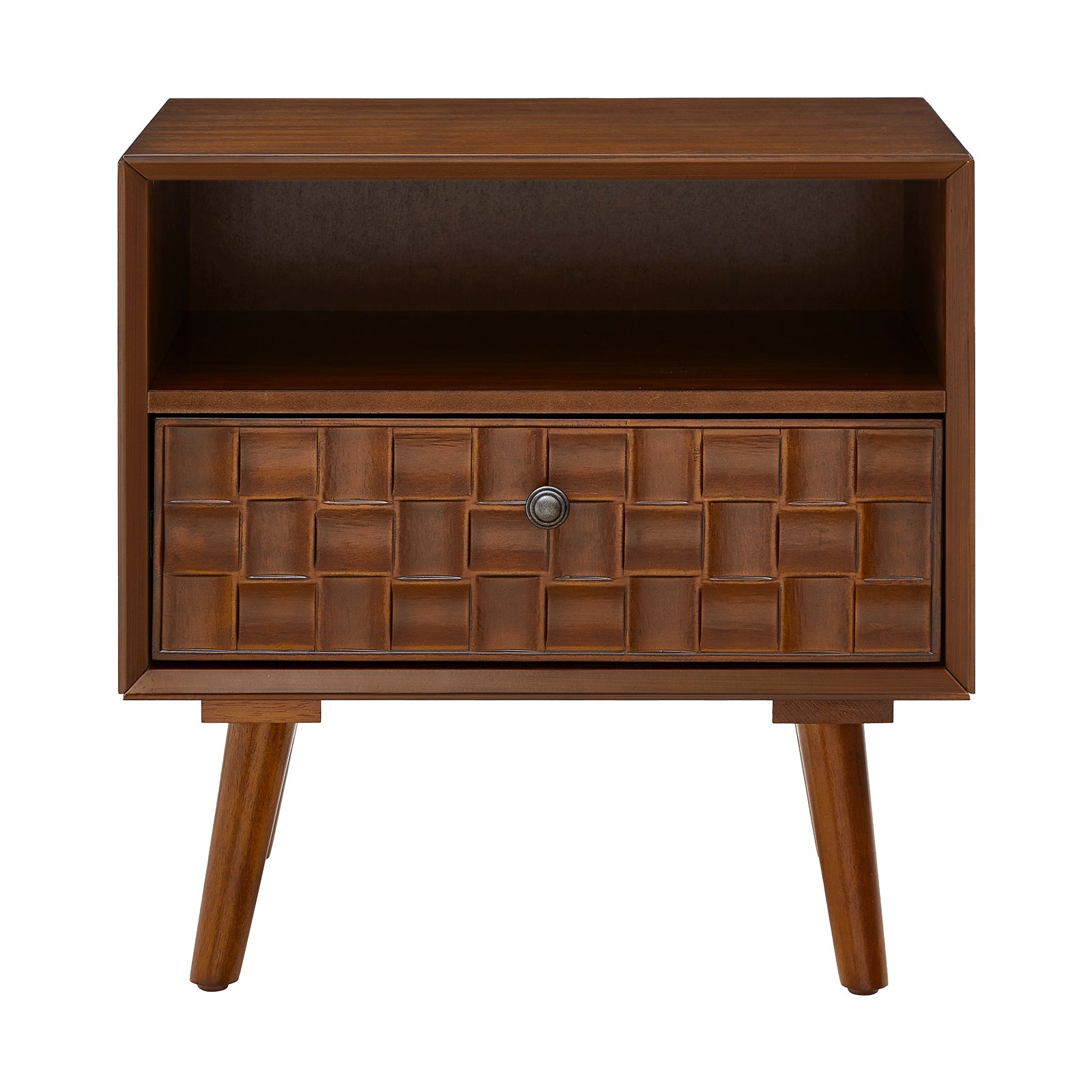 22" Mid-Century Modern Wood Nightstand with Carved Geometric Drawer Front, 1 Drawer and Open Shelf, Solid Wood Legs, Bedside Table for Bedroom image 9