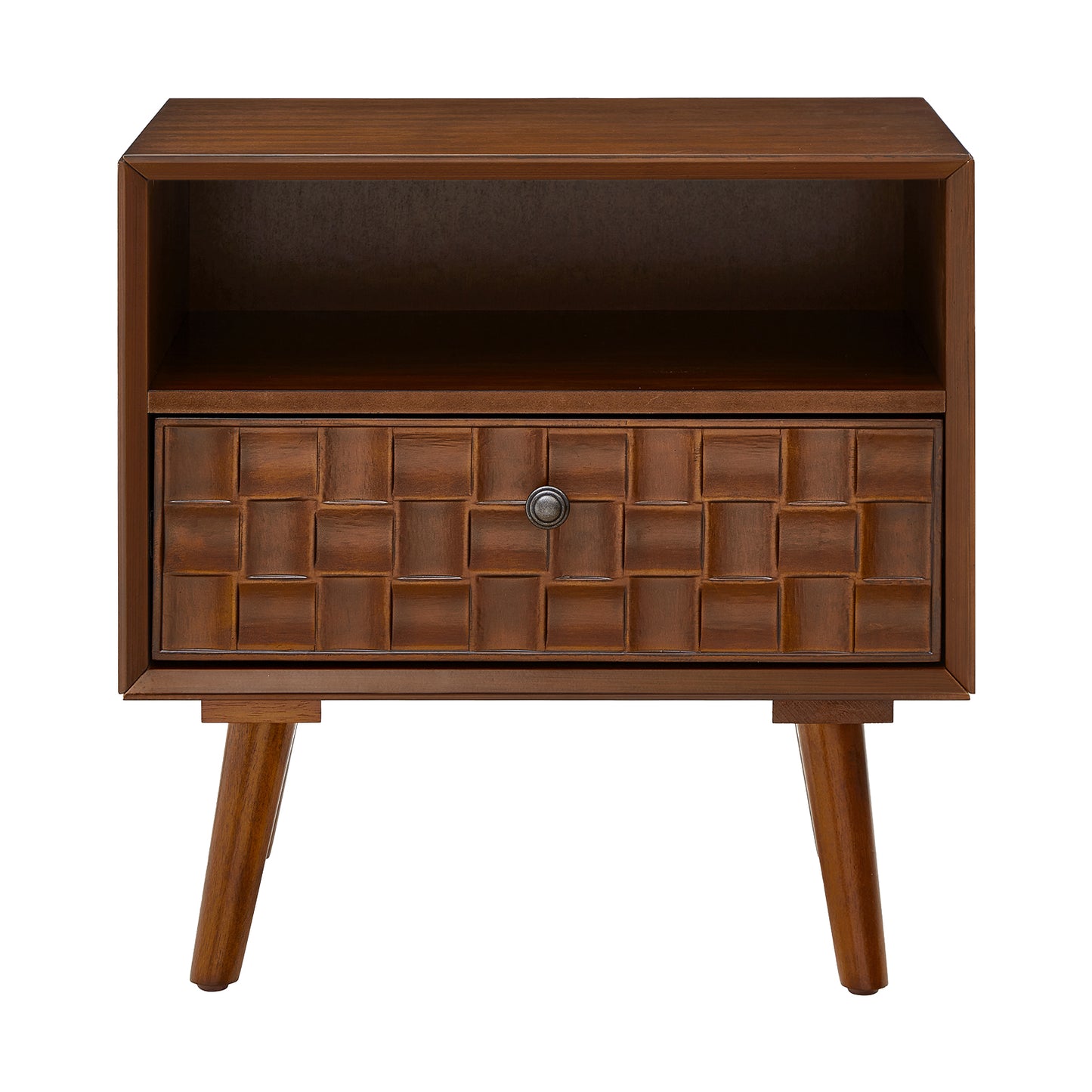 22" Mid-Century Modern Wood Nightstand with Carved Geometric Drawer Front, 1 Drawer and Open Shelf, Solid Wood Legs, Bedside Table for Bedroom image 9