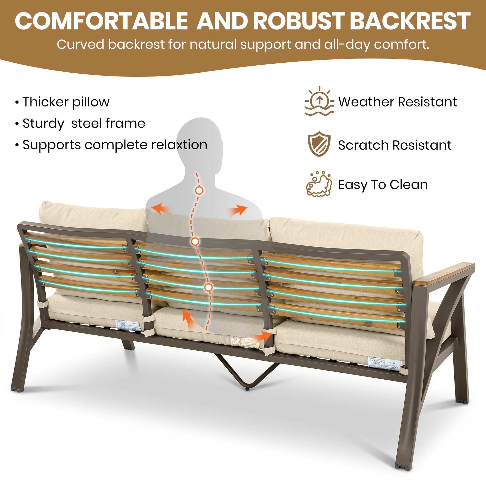 6-Piece Outdoor Patio Furniture Set, Steel Frame Sofa Set with 3-Seat Couch, 2 Armchairs, 2 Ottomans & Acacia Wood Coffee Table, Cushioned Seating for Backyard, Garden, Poolside, Beige Cushion image 6