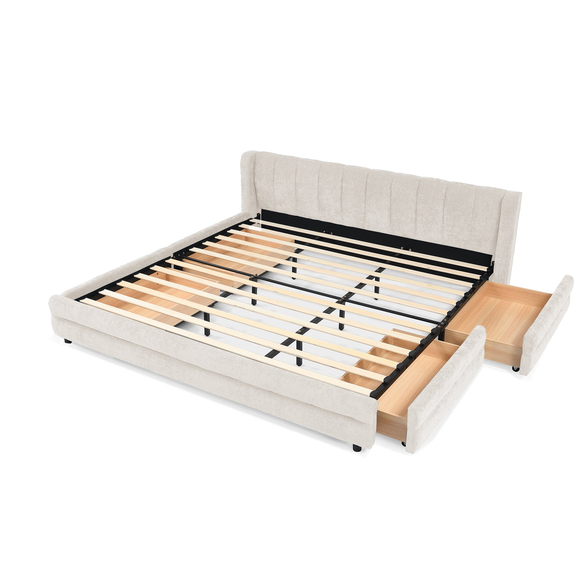 King Size Upholstered Bed Frame with Thick Fabric, comfortable upholstered bed frame, Chenille fabric, with headboard and solid bed frame. With drawer for storage-Beige(86.5''*84''*29.5'') image 11