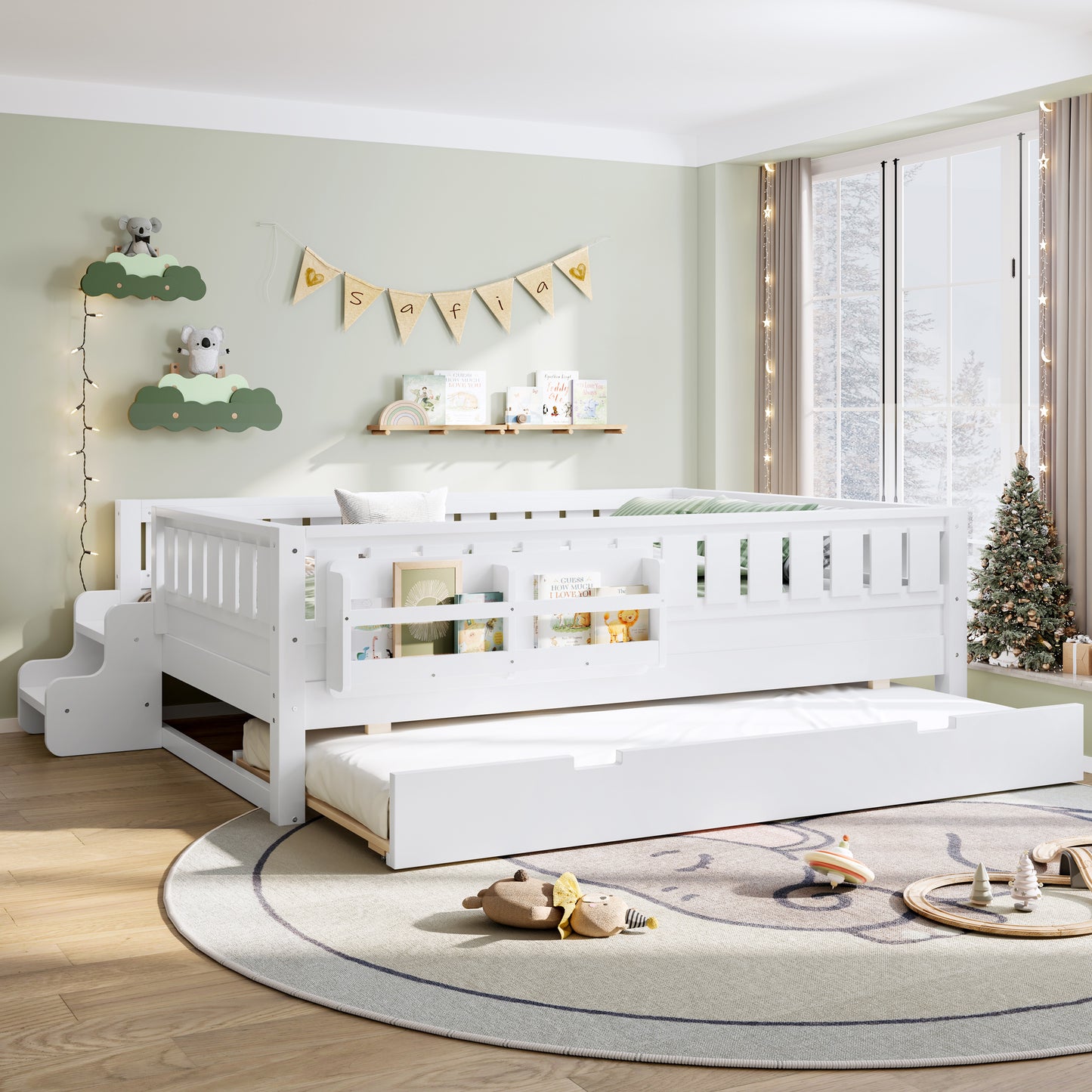 Full with built-in bookshelves and small staircase, high-quality safety rails, and Trundle,White image 4