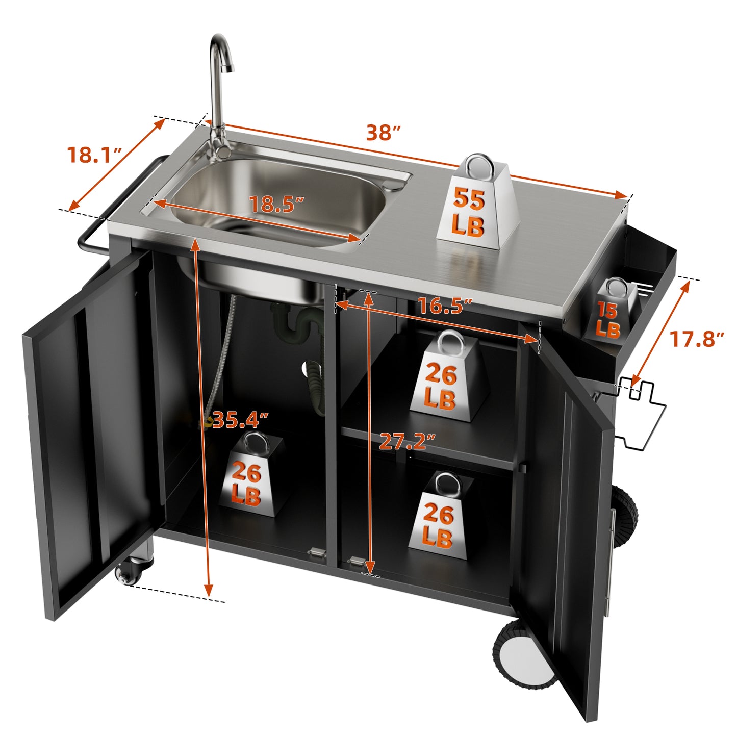 Outdoor Grill Table with Sink, Grill Cart with 304 Stainless Steel Sink and Cabinet, Outdoor Grill Cart,Outdoor Cart Sink Station with Wheels, L38" x W18" x H35" image 2
