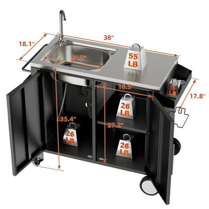 Outdoor Grill Table with Sink, Grill Cart with 304 Stainless Steel Sink and Cabinet, Outdoor Grill Cart,Outdoor Cart Sink Station with Wheels, L38" x W18" x H35" image 2