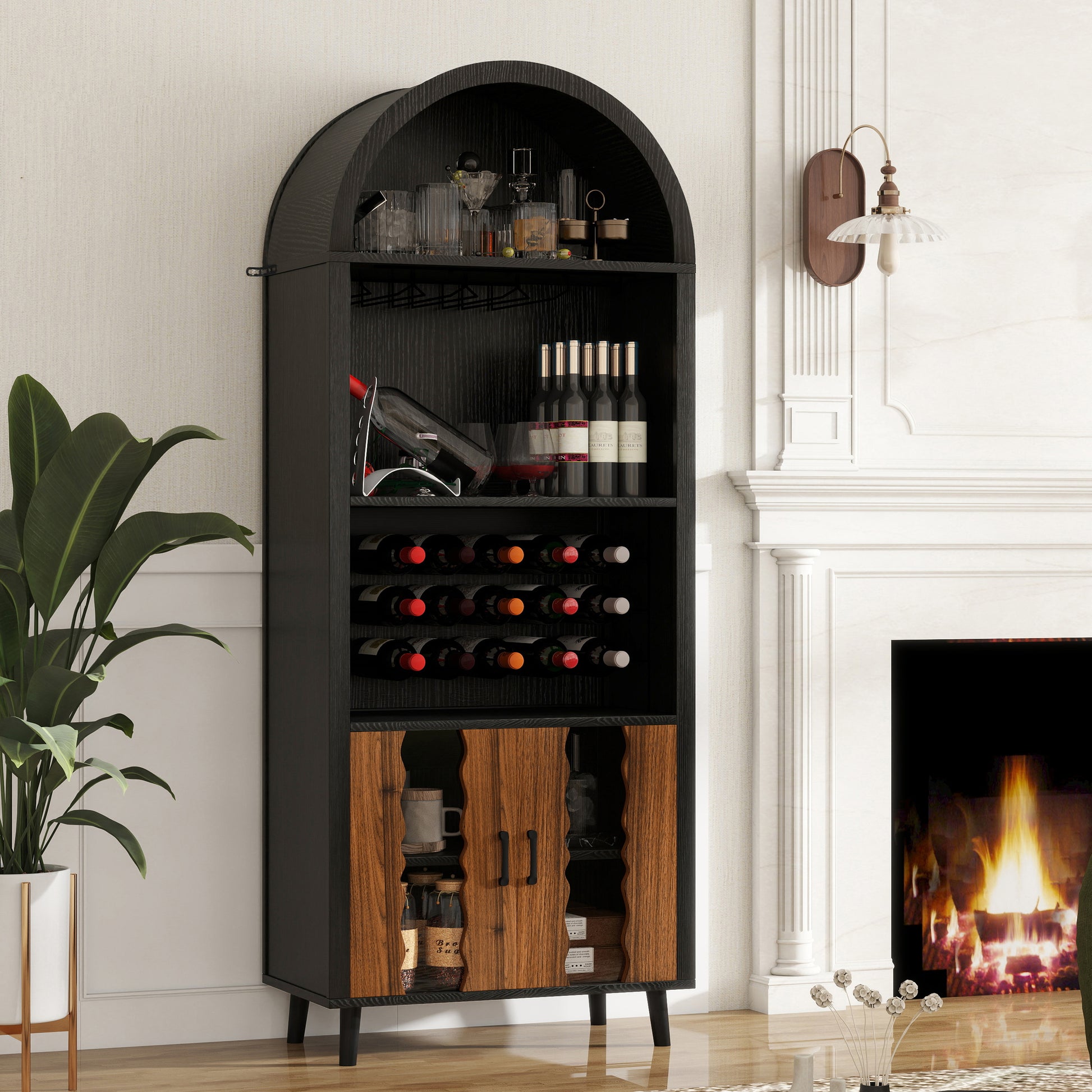 71"Farmhouse Arched Wine Bar Cabinet: tall arched display cabinet, arch black cabinets &coffee bar, whiskey station with wine rack and Wine Glass Holder - Liquor Bars Cabinet for Living Dining Room image 1