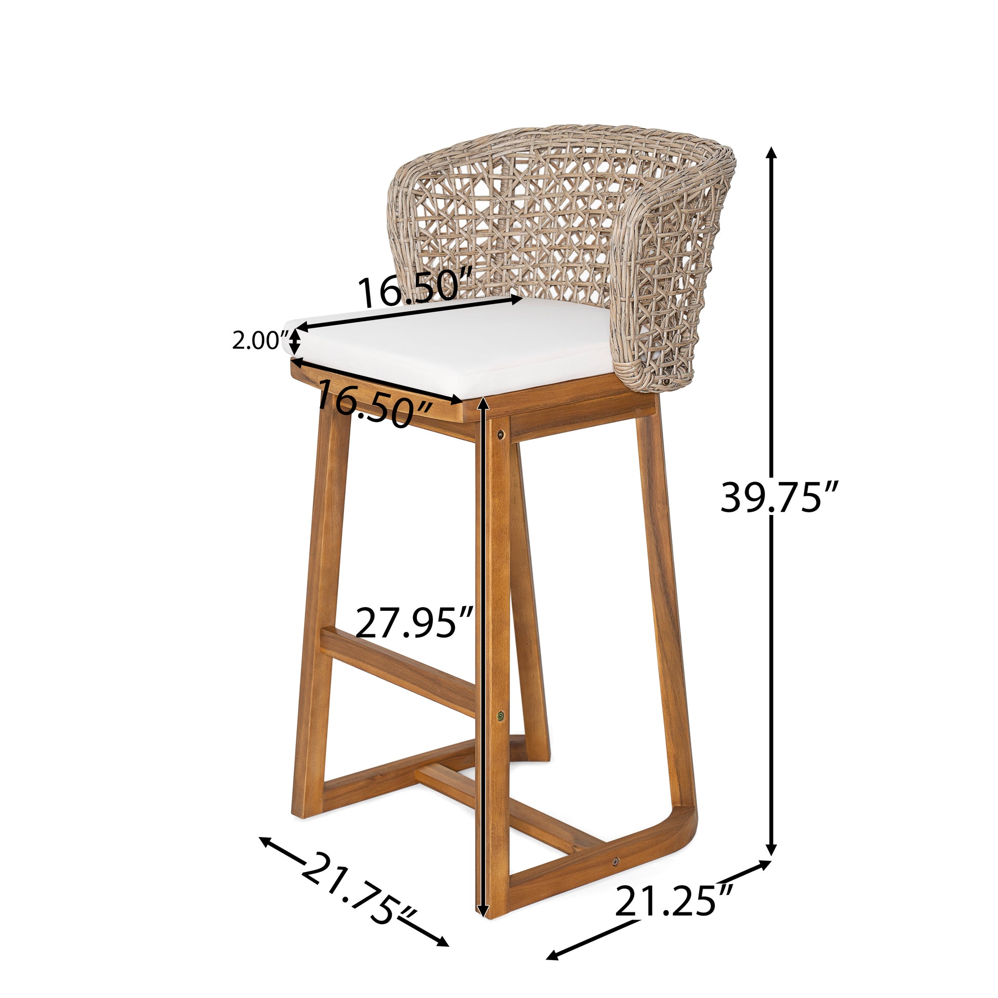 Outdoor Acacia Wood Bar Stools (Set of 2), Teak Finish Bar Height Chairs with Beige Cushion & Light Brown Wicker Back, Counter Height Stools for Patio, Poolside, Kitchen Island image 7