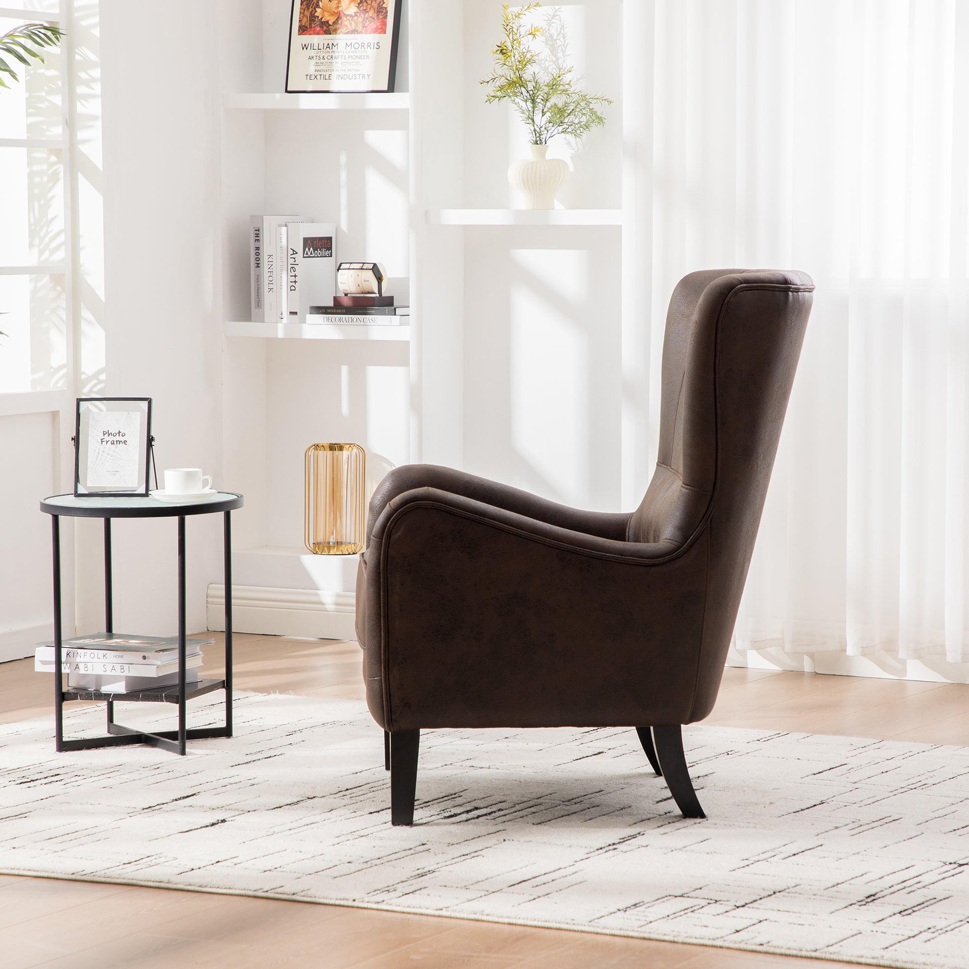 28"W PU High Back Accent Chair, Upholstered Armchair for Living Room, Retro Wingback Arm Chair,Single Sofa Bedroom Reading Seat with Solid Wood Legs, Brown image 5