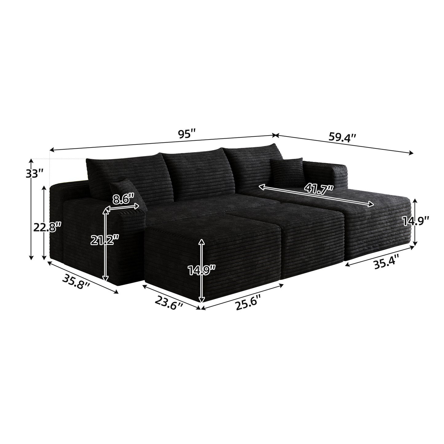 95" Cloud Sectional Sofa with 2 Ottoman,Modern Minimalist Upholstered Couches, Comfort U Shaped Sofa for Living Room,Deep Seat Corner Couch,No Assembly Required,Black (Plush Corduroy Fabric) image 8