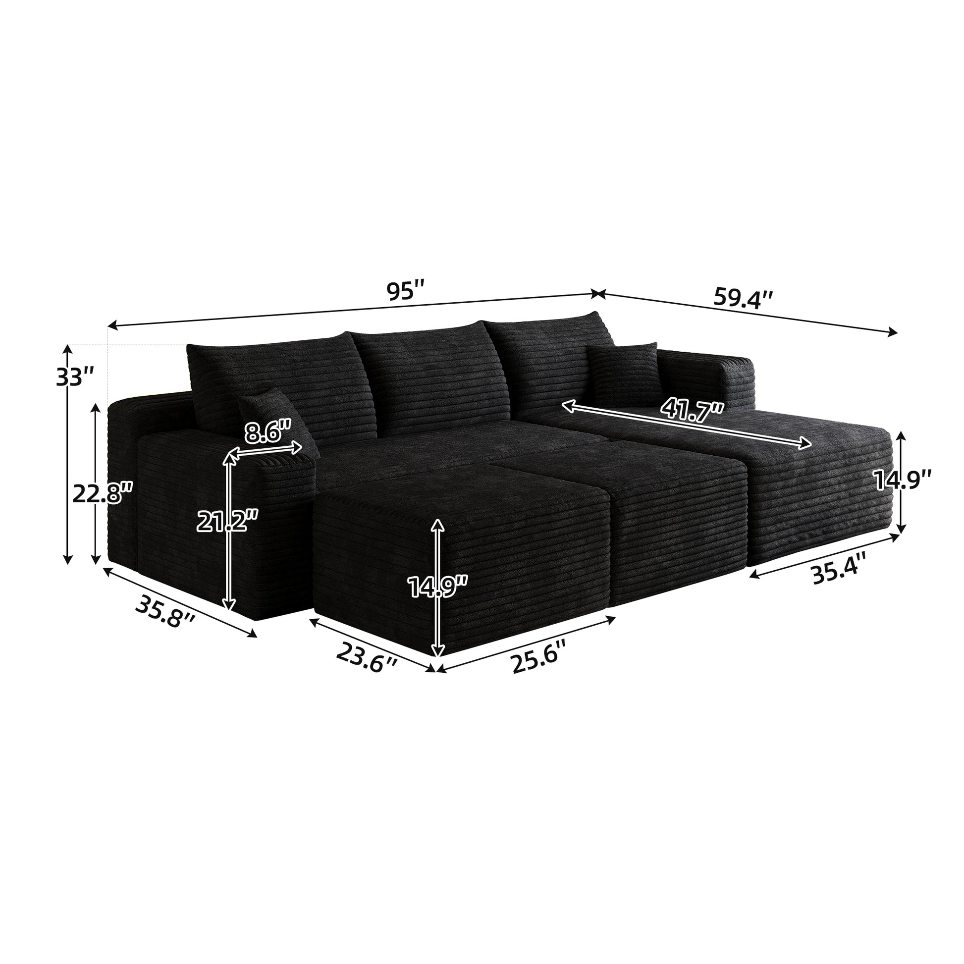 95" Cloud Sectional Sofa with 2 Ottoman,Modern Minimalist Upholstered Couches, Comfort U Shaped Sofa for Living Room,Deep Seat Corner Couch,No Assembly Required,Black (Plush Corduroy Fabric) image 8