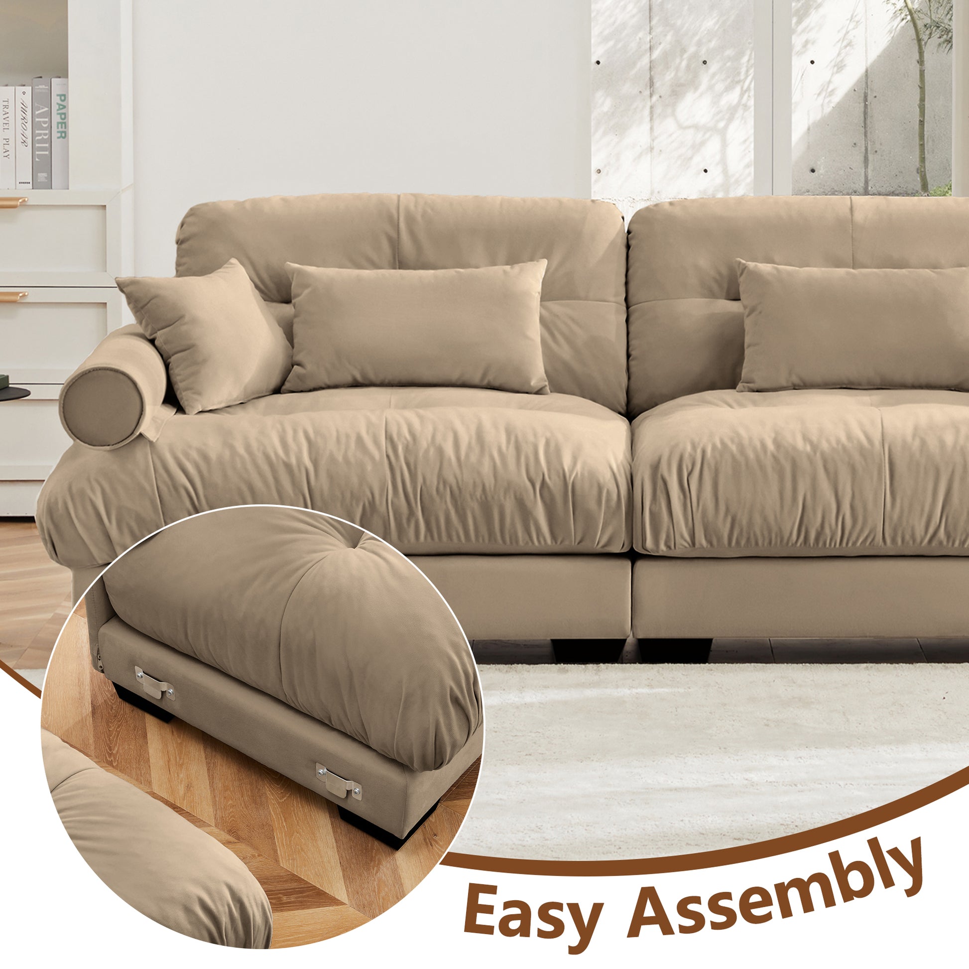 Over Size Modern Two-seater Sofa with Ottoman, Velvet 2-Seater with Round Bolster Armrests,With Waist Pillow and Throw Pillows, Reading Room, Loft and Bedroom,Camel image 5
