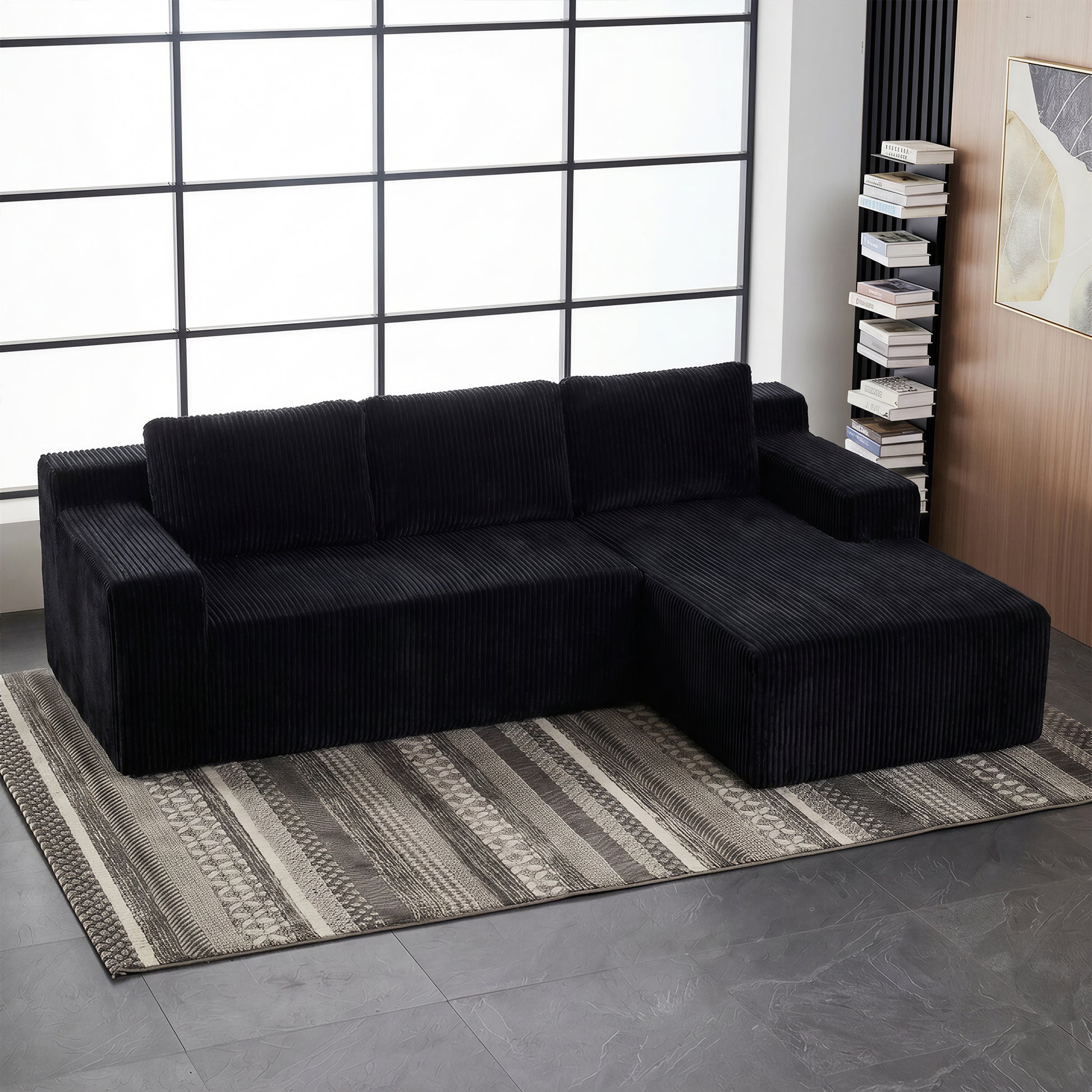 Corduroy Modular L Shaped Sectional Sofa,Luxury Floor Couch Set,Upholstered Indoor Furniture,Foam-Filled Compressed Sofa for Living Room,Bedroom,BLACK image 1