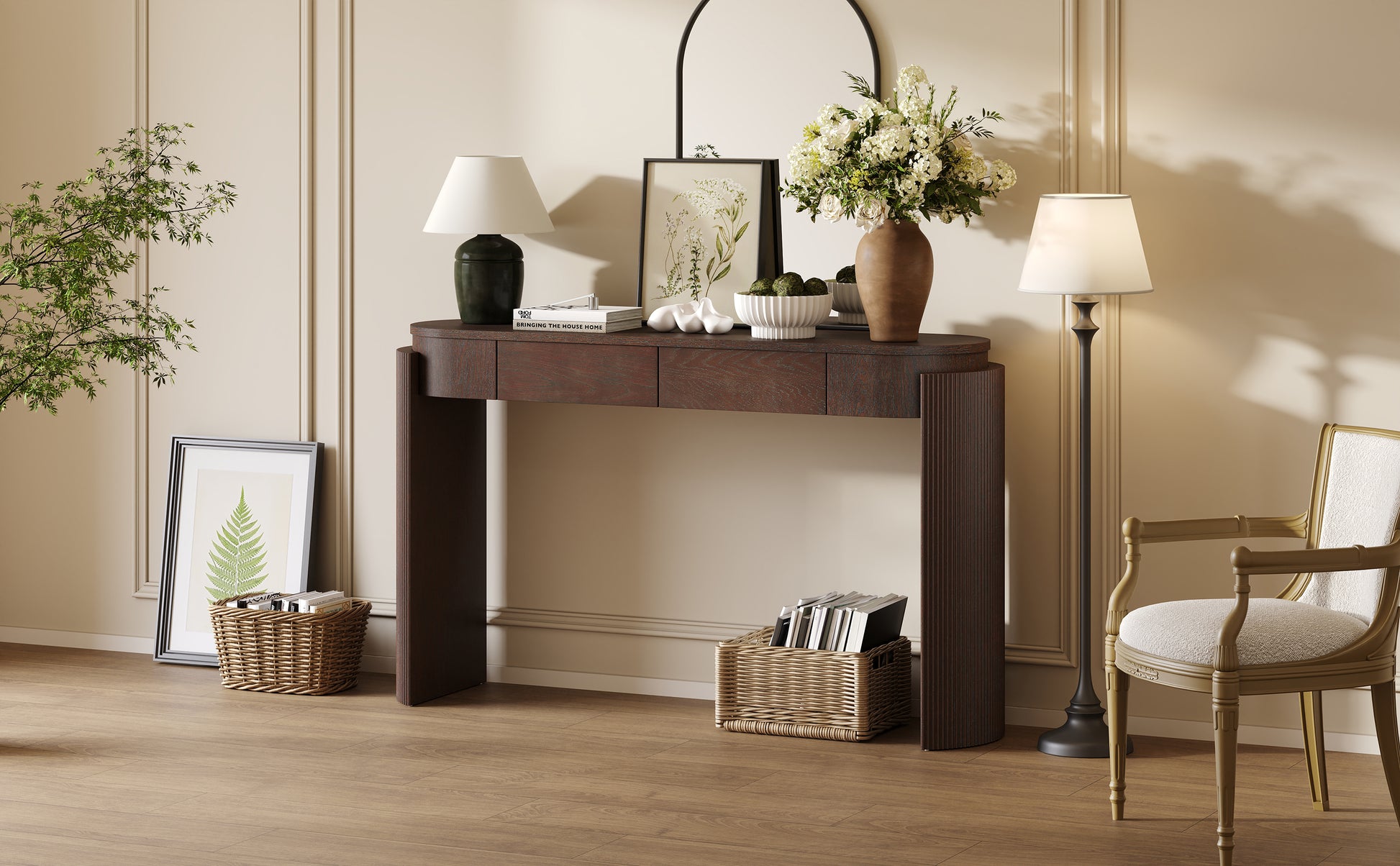 TREXM Entryway Table with Natural Wood Grain Finish, Console Table with Fluted Design, Oval Top and 2 Drawers for Entryway and Living Room (Espresso) image 9