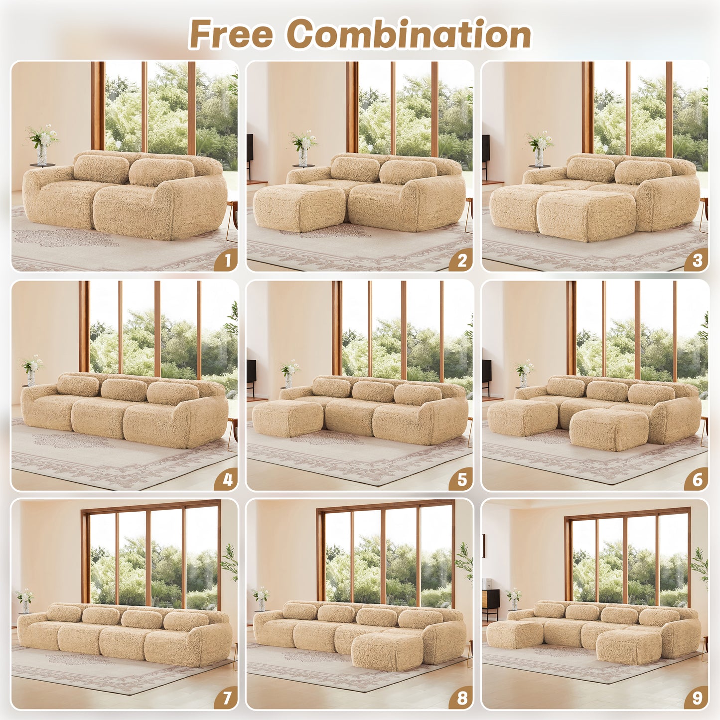 114''Soft And Fluffy Plush Fabric,Modular Sectional Sofa Couches,Ergonomic Design With Throw Pillows,Full-compression Vacuum Packaging Buckle Connection For Study,Home Theater,Light Khaki image 12
