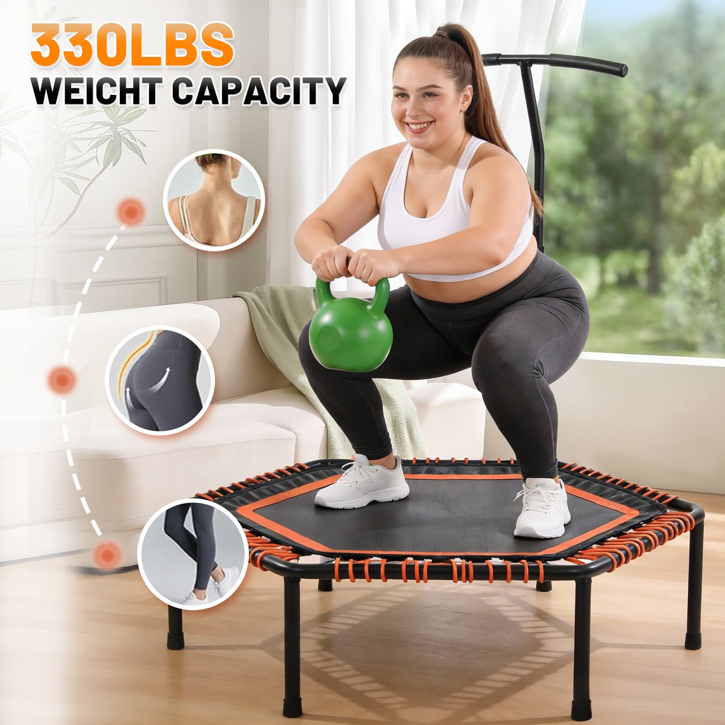 48" Mini Rebounder for Adults with Adjustable Handle Bar, Bungee Ropes, Stable & Quiet, Indoor Outdoor, Whole-Body Workout & Relaxation,Fitness Trampoline for Home and Gym, Cardio & Strength Training image 9