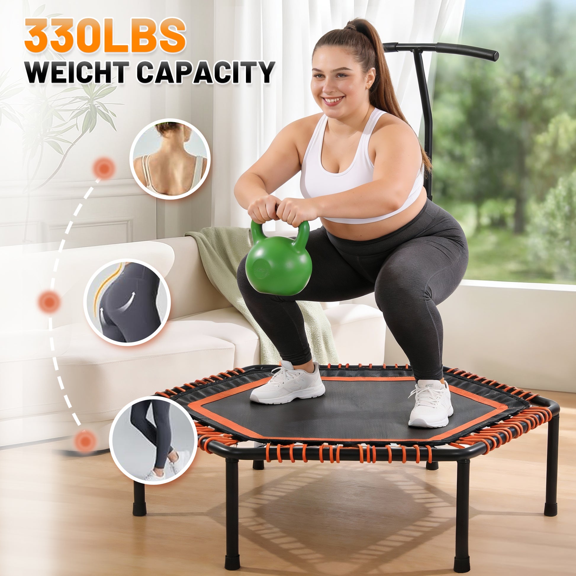 48" Mini Rebounder for Adults with Adjustable Handle Bar, Bungee Ropes, Stable & Quiet, Indoor Outdoor, Whole-Body Workout & Relaxation,Fitness Trampoline for Home and Gym, Cardio & Strength Training image 9