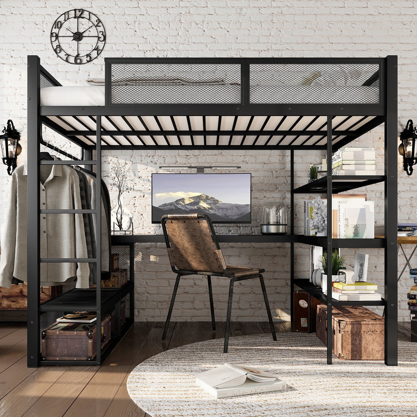 Queen Size Loft Bed with Storage Shelves, Metal Loft Bed with Clothes Hanging Rod and Desk, No Box Spring Needed Design, Black image 3