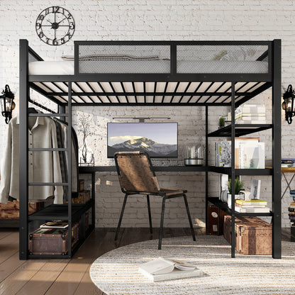 Queen Size Loft Bed with Storage Shelves, Metal Loft Bed with Clothes Hanging Rod and Desk, No Box Spring Needed Design, Black image 3