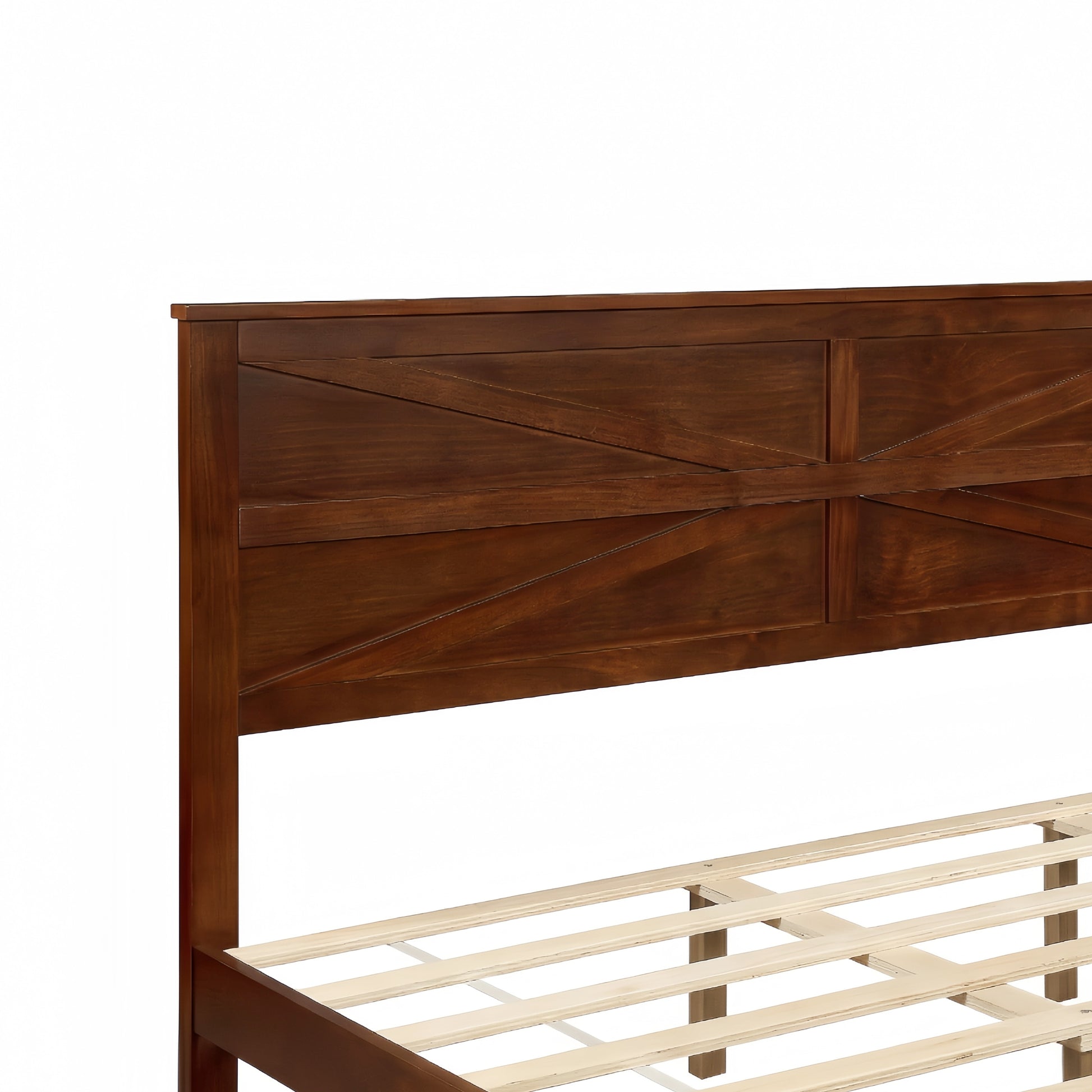 Farmhouse Style King Size Bed with Barn Door Designed Headboard and Footboard, Pinewood Bed with Strengthened Bed Frame,Walnut image 12
