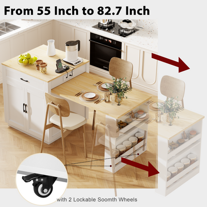 K&K 82.7 inch Kitchen Island with Extendable Dining Table for 4-6 Person,Two-tone Kitchen Table with Double-sized Storage, Power Outlet, Kitchen island with Storage 2 Drawers 2 Side Open Shelves,White image 2