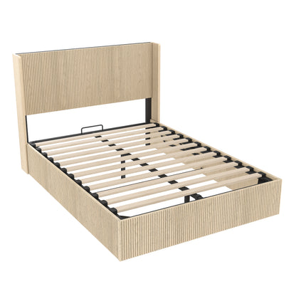 A large raised and undulating storage bed frame with grooves. The wooden platform bed frame has a storage function that can be lifted, without requiring a spring box / no noise. Oak color (Queen) image 6