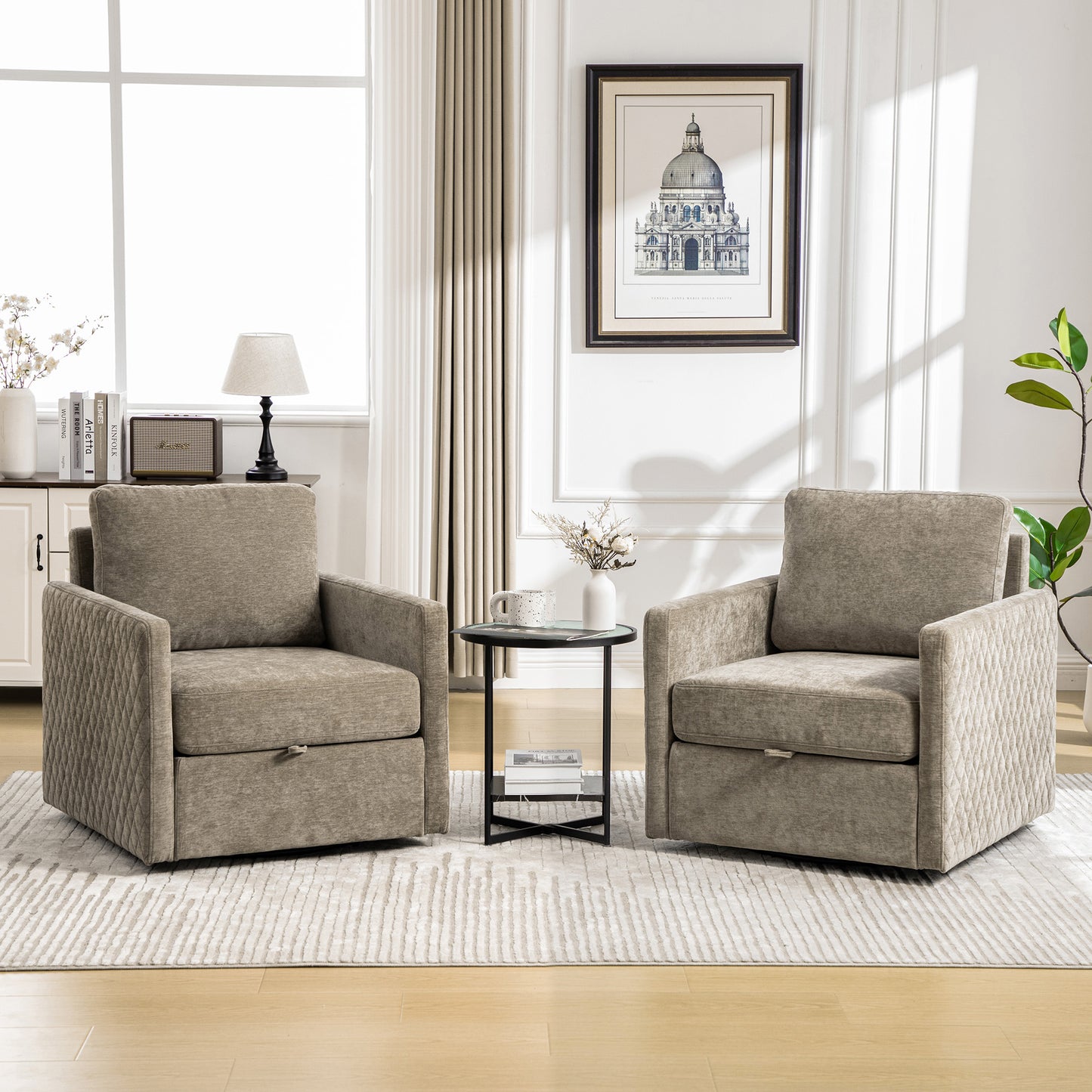 29.5''W Upholstered 360° Swivel Armchair with Hidden Storage, Comfy Diamond-Shape Tufted Armrests Accent Square Club Chair Single Sofa with Pillow for Living Room, Bedroom,Reading Nook,Corner, Taupe image 3