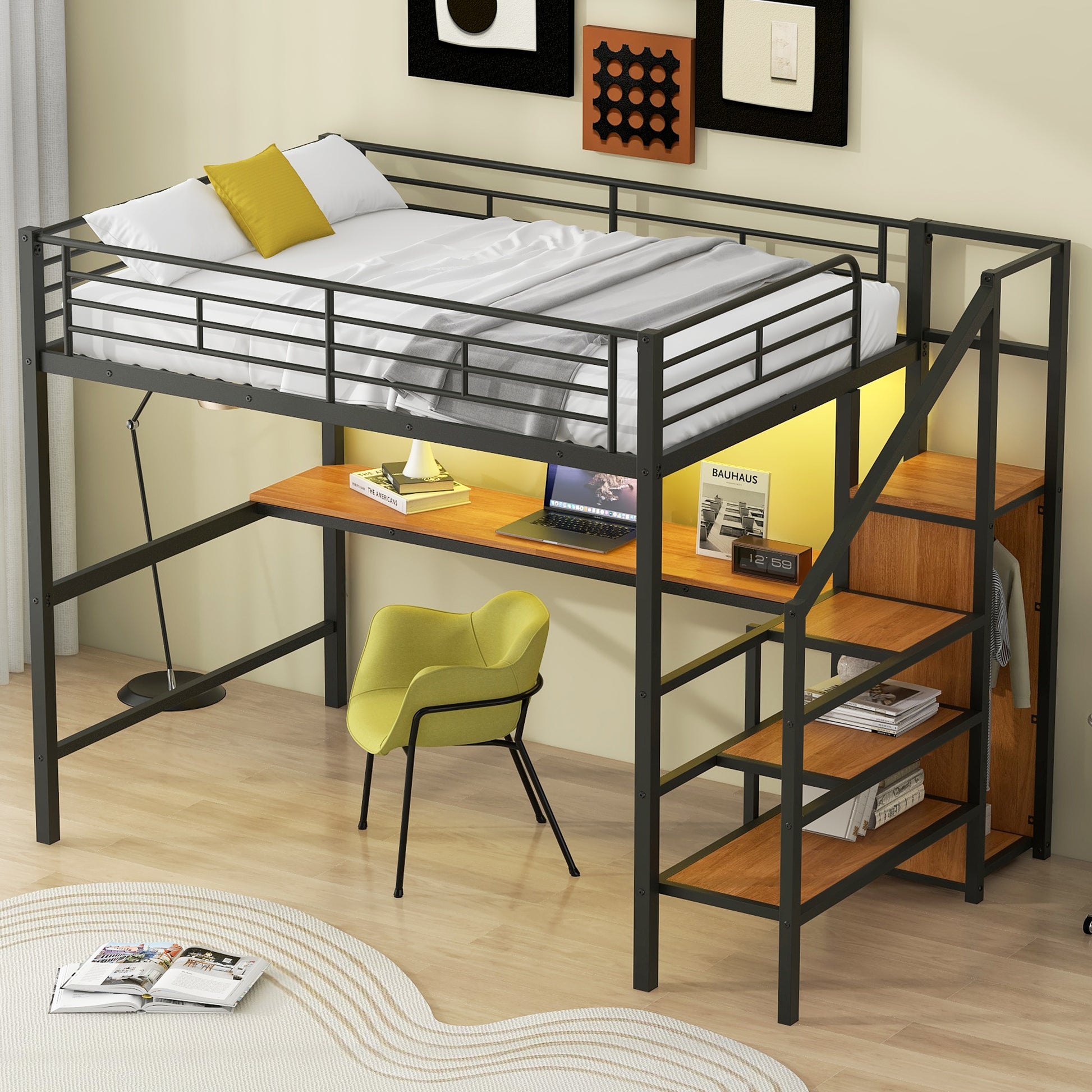 Full Size Metal Loft Bed with Desk, Storage Staircase, Small Wardrobe and LED Light,Black image 4