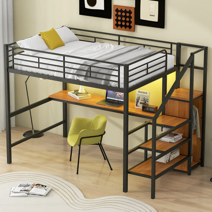 Full Size Metal Loft Bed with Desk, Storage Staircase, Small Wardrobe and LED Light,Black image 4
