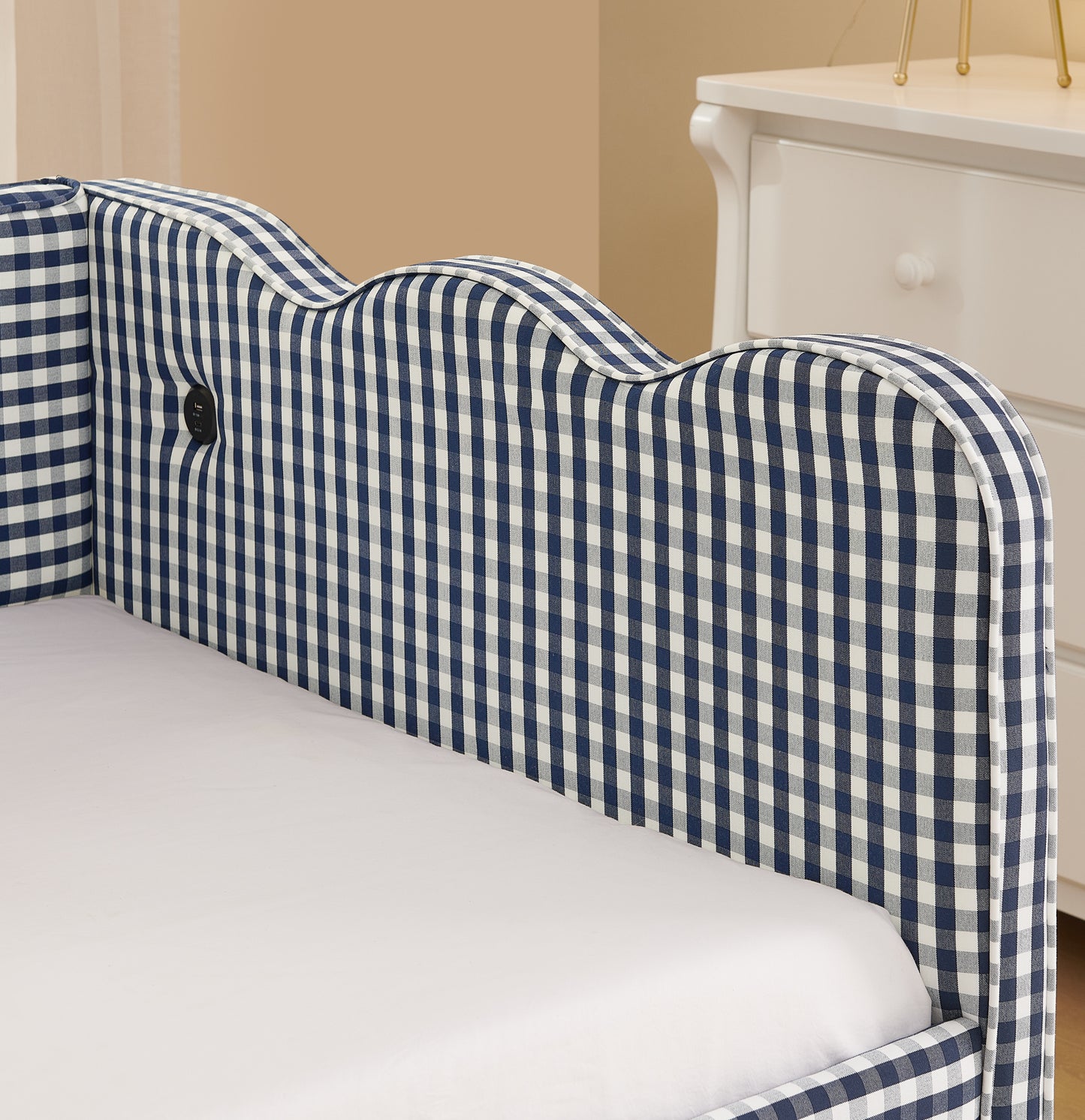 Cozy Gingham Daybed with Trundle Twin Size Sofa Bed No Box Spring Needed, with USB Port and Adorable Wave Shaped, Linen Fabric, Navy image 7