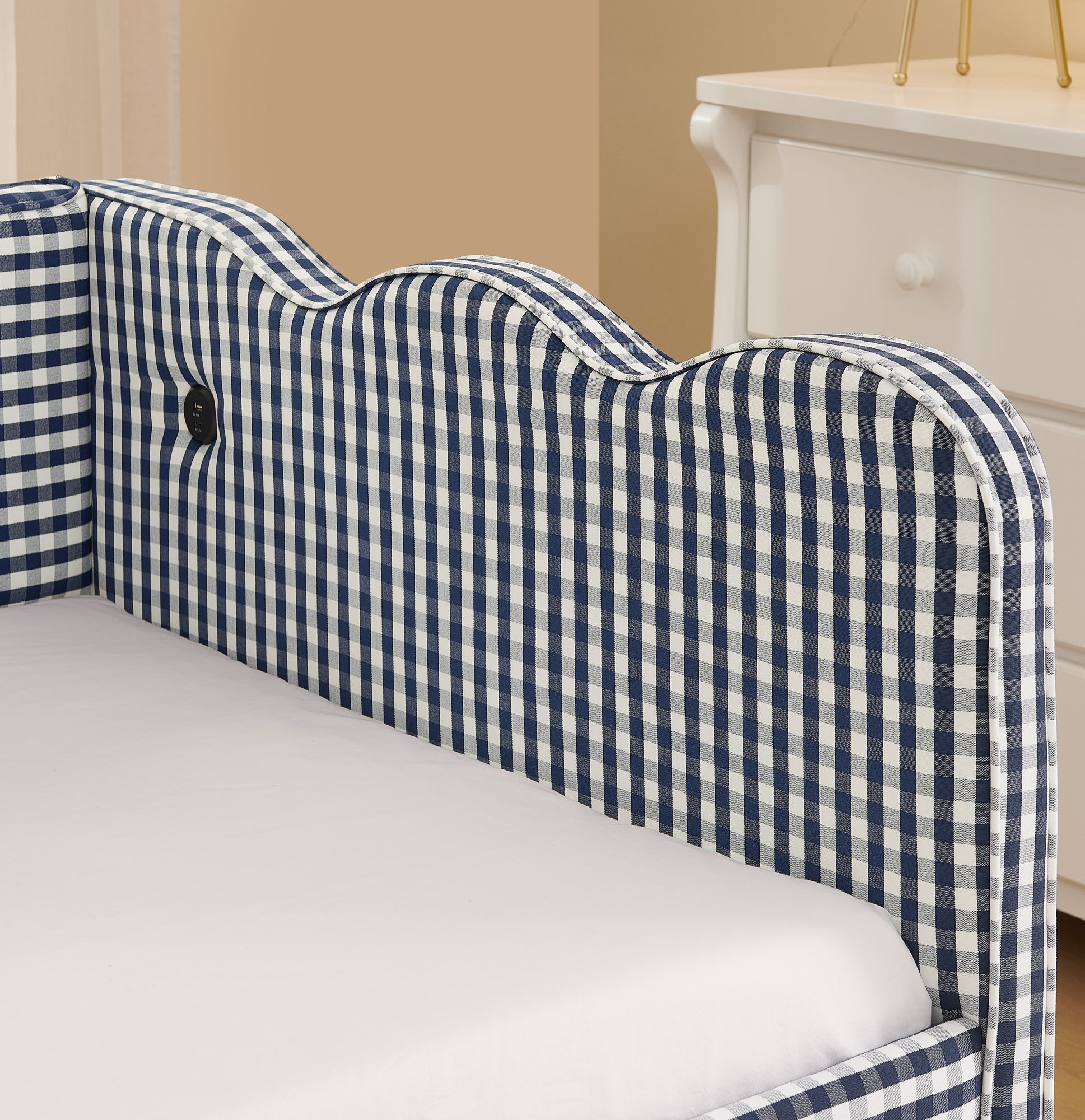 Cozy Gingham Daybed with Trundle Twin Size Sofa Bed No Box Spring Needed, with USB Port and Adorable Wave Shaped, Linen Fabric, Navy image 7