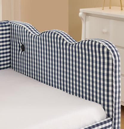 Cozy Gingham Daybed with Trundle Twin Size Sofa Bed No Box Spring Needed, with USB Port and Adorable Wave Shaped, Linen Fabric, Navy image 7
