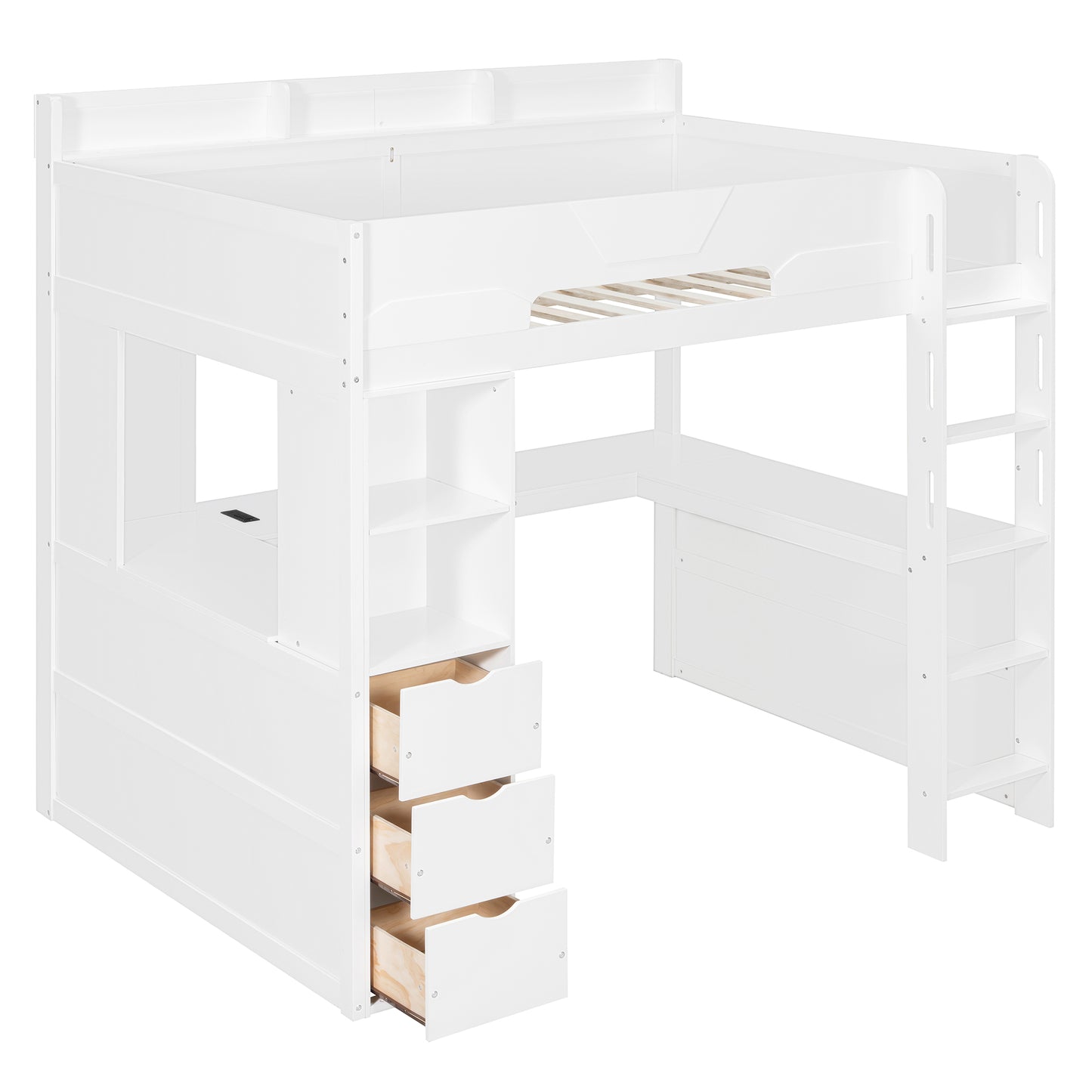 Full Size Wooden Gaming Loft Bed with U-Shaped Desk, Smart RGB LED Lights and USB Ports, Multi-Functional High Sleeper with 3 Drawers and Storage Shelves for Teens Adults, White image 10