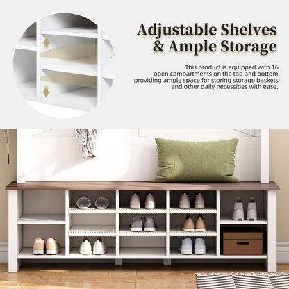 Farmhouse 4-in-1 Hall Tree with 6 Hooks, Walnut Entryway Bench with Shelves, Wooden Style Rustic Shoe Organizer with 16 Open Compartments for Mudroom, Living Room, White (OLD SKU: N721P264915K) image 5