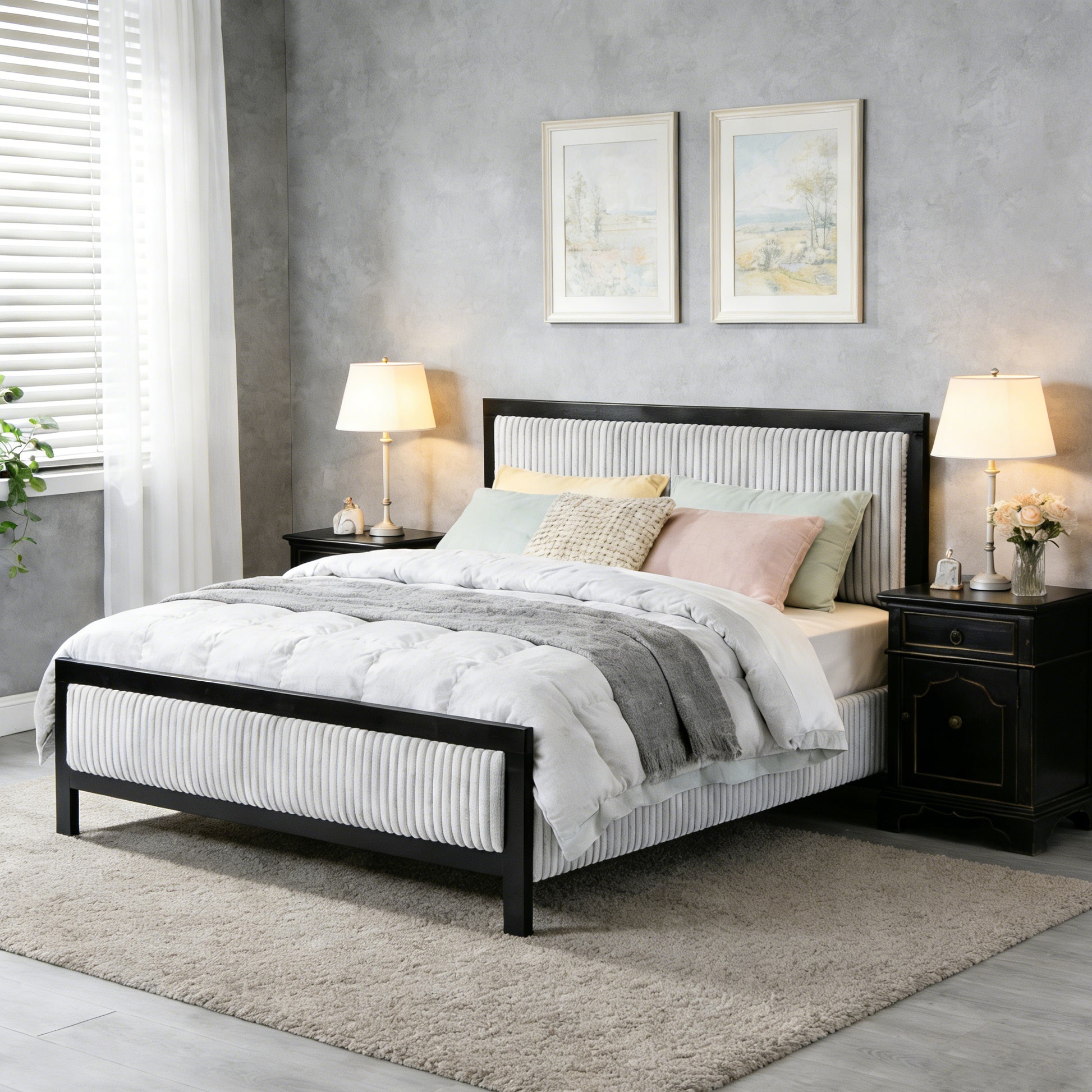 Queen Upholstered Bed with Fluffy Soft Headboard,Grey+Black Frame image 1