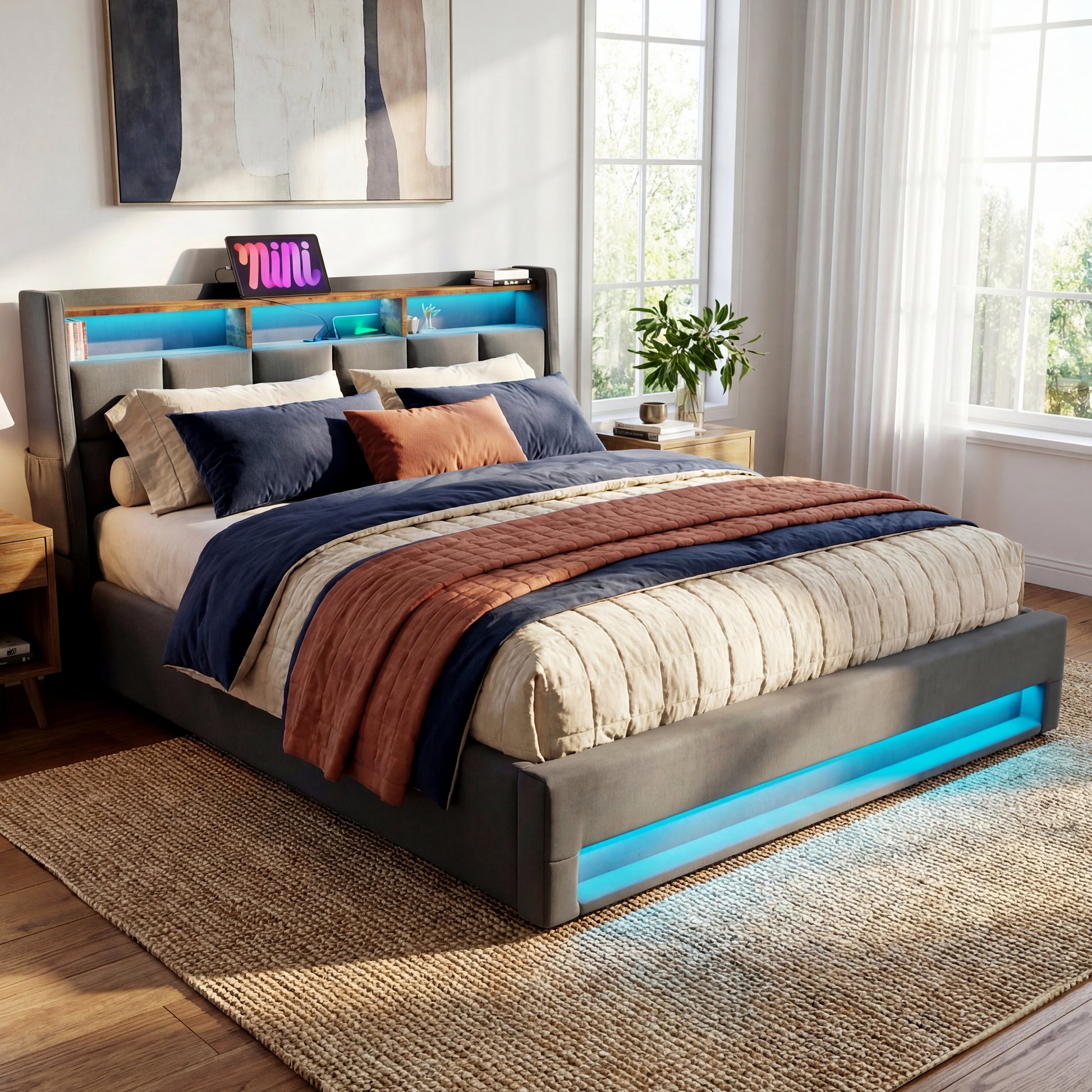 (=AA20690910G) Queen size Upholstered Platform bed with a Hydraulic Storage System, LED and Charging Station, No Box Spring Needed, Easy Assembly, Noise-Free, Grey (without mattress) image 3