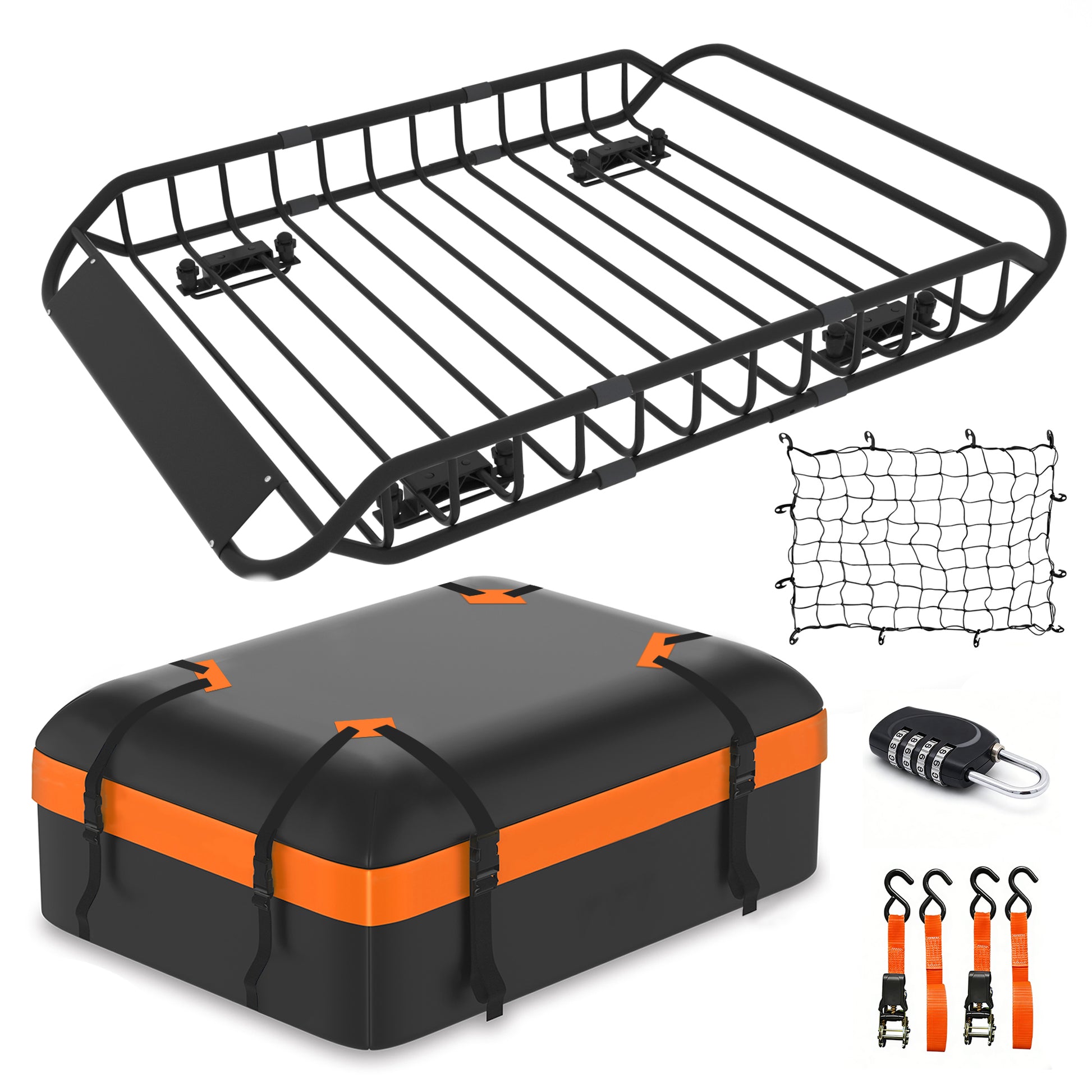 Roof Rack Cargo Basket 50"(L) x 36"(W) x 5.1"(H) Extendable Universal Rooftop Luggage Carrier for Truck Cars SUV with Waterproof Cargo Bag, Cargo Net, Ratchet Straps & Outdoor Combination Lock image 1