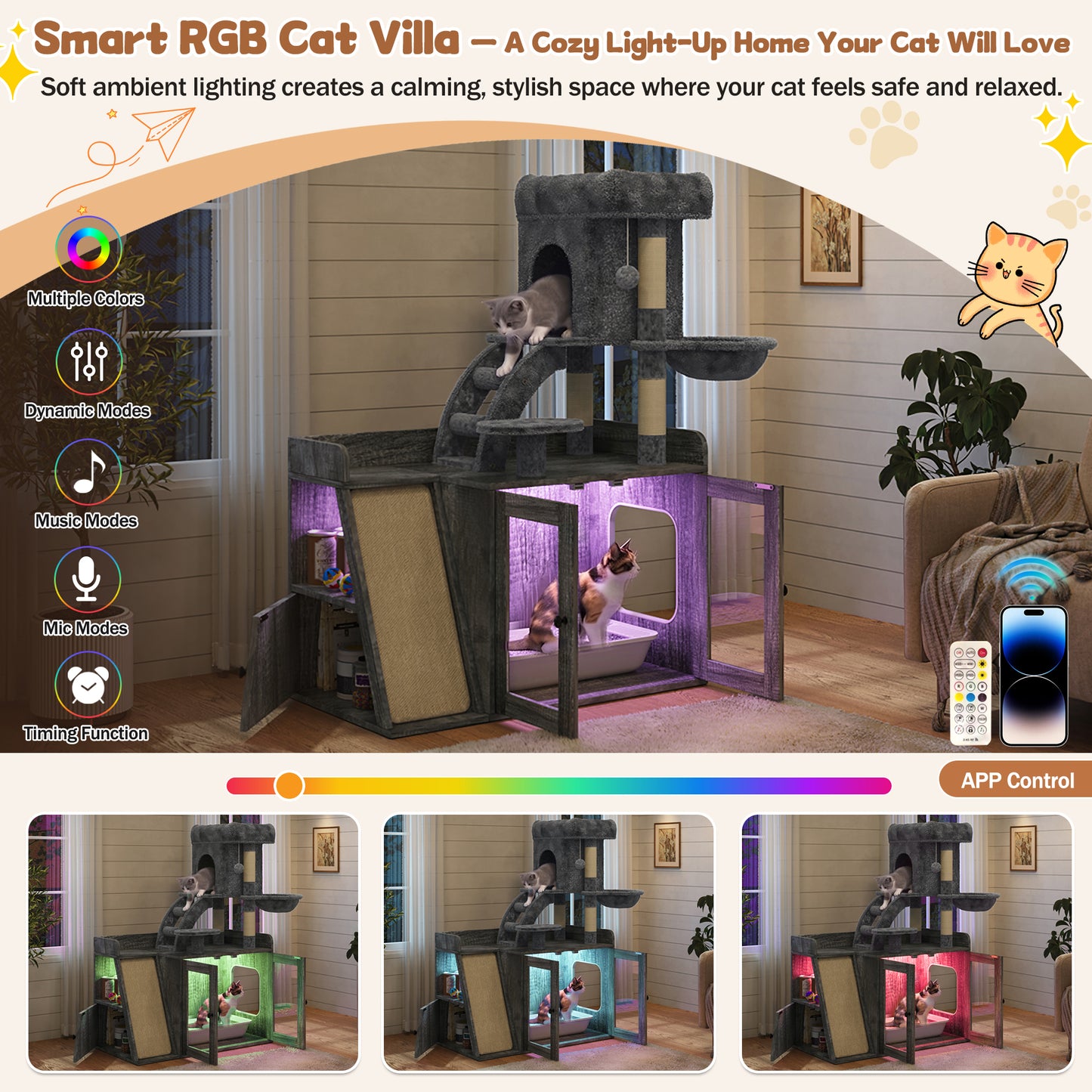 Litter Box Enclosure with Cat Tree, Hidden Litter Box with LED Light, Sisal Scratching Board and Storage Space, Modular Litter Box Furniture with Condo and Platform, All-in-one Cat Tower,Grey image 4