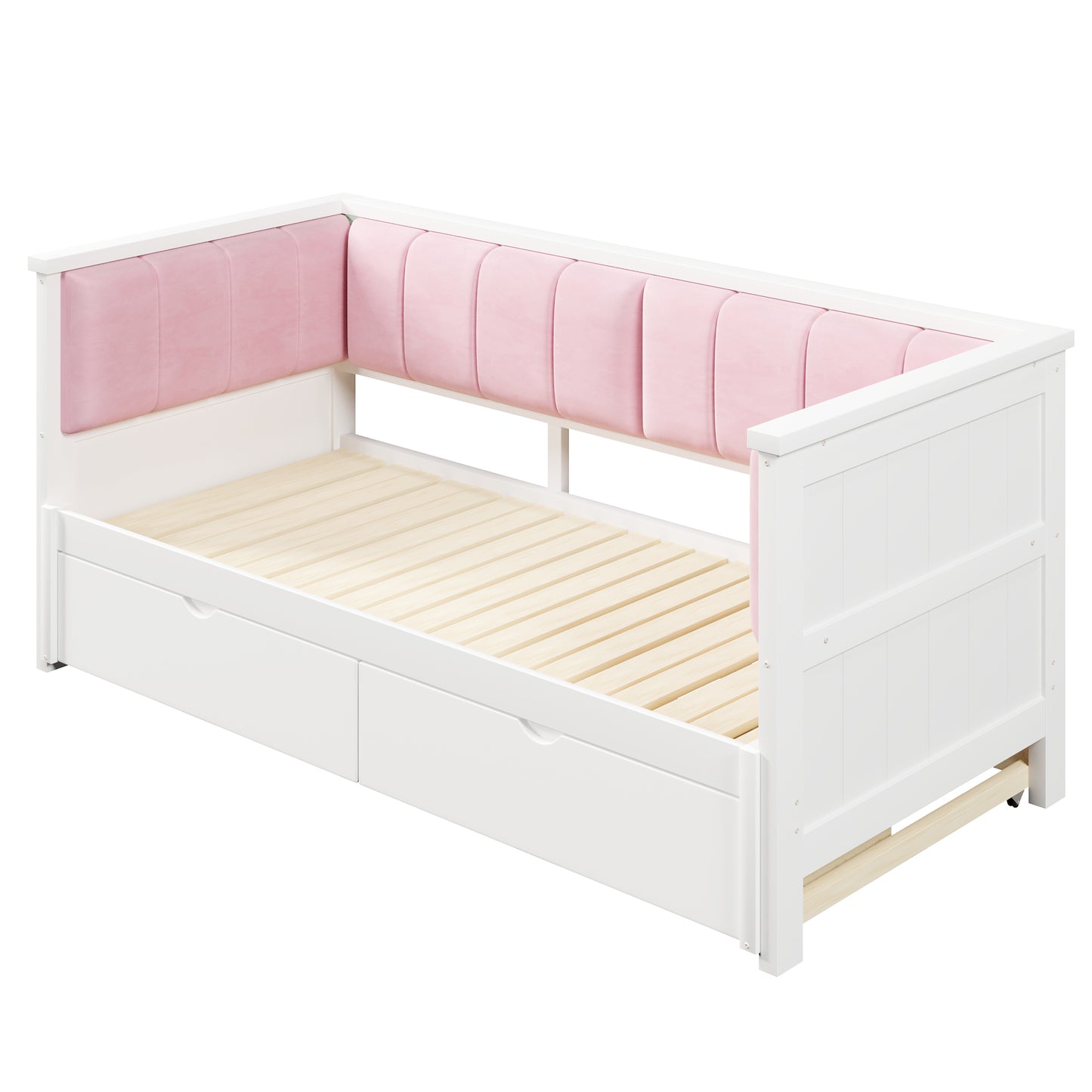 Twin XL to King Size Daybed with Two Storage Drawers and Upholstered Backrest, White+Pink image 11