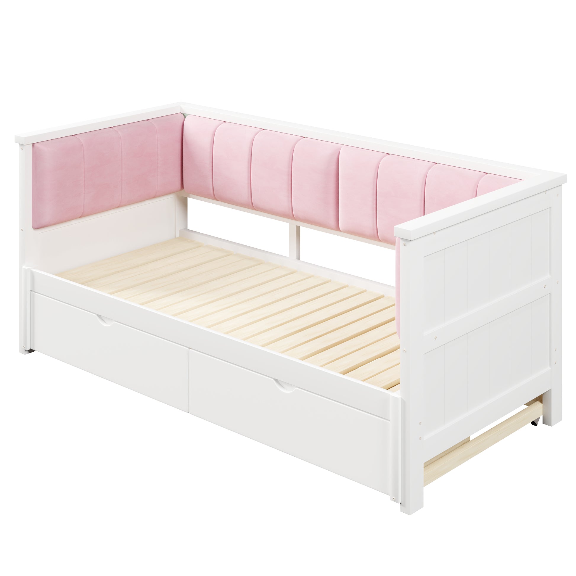 Twin XL to King Size Daybed with Two Storage Drawers and Upholstered Backrest, White+Pink image 11
