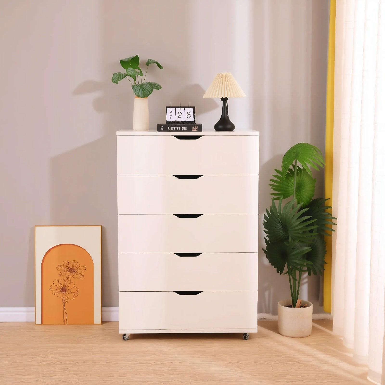 White 5-Drawer Dresser with Wheels – Modern Storage Cabinet image 1