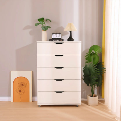 White 5-Drawer Dresser with Wheels – Modern Storage Cabinet image 1
