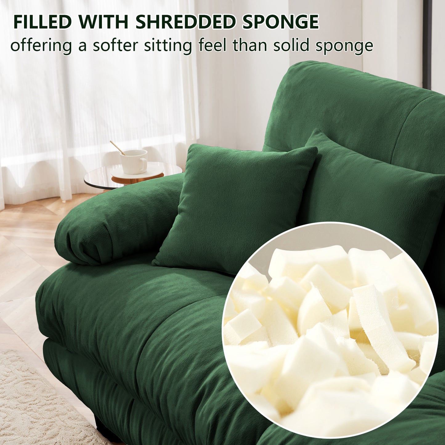 Cloud Couch Sectional Sofa for Living Room, Chenille 2 Seater Sofa with 2 Lumbar pillows and 2 throw pillows, Upholstered Wide Arm Sofa with Convertible Ottoman,Chenille Green image 5